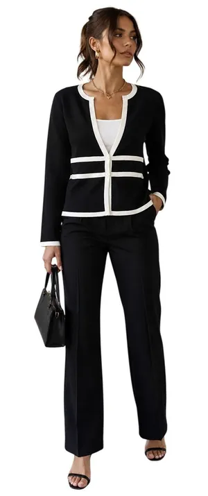 G Knitwear Contrast Trim Cardigan Blazer Black White Small thumbnail 1