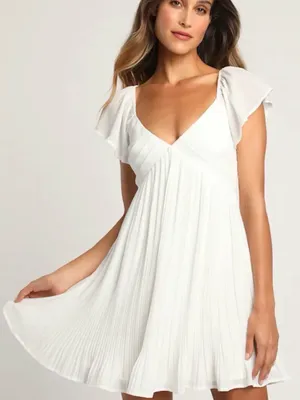 Lulus Amalfi Coast White Pleated Flutter Sleeve Mini Dress XL thumbnail 1