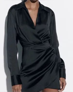 Satin Wrap-Style Black Mini Dress Zara thumbnail 1