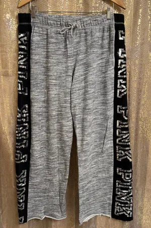 PINK Victoria's Secret Sequin Bling Logo Boyfriend Pant Sweatpants Gray Black La thumbnail 1