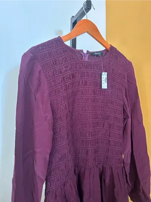 Madewell Long Sleeve Smocked Mini Dress Dark Pomegranate Purple NWT $148‎ Large thumbnail 5