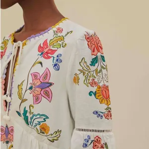 Farm Rio Floral Insects Mini Dress Small White Boho Tiered Whimsical Cottagecore thumbnail 2