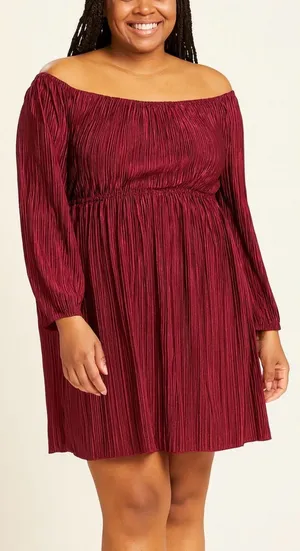 Inspired Hearts Burgundy Plisse Off-Shoulder Mini Dress 2X thumbnail 1