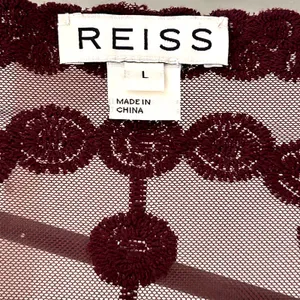 REISS Alden Lace 3/4 Sleeve Claret Burgundy Semi Sheer Blouse‎ Top Large thumbnail 3