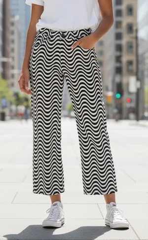 The Ragged Priest Black and White Wave Psychedelic Groovy Raw Hem Wide Leg Jeans thumbnail 1