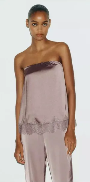 Zara Silky Lace Trim Strapless top in Dusty Mauve Size Large thumbnail 1