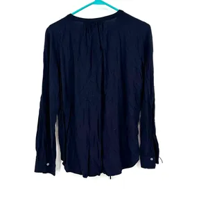 Loft size small long sleeve blouse dark blue ruffle and‎ lace up neckline thumbnail 2