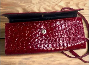 Deep Red Faux Leather Croc Textured Mini Fold Snap Purse Handbag thumbnail 6