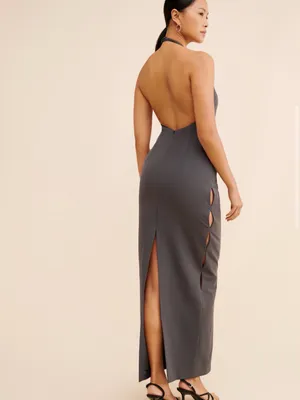 Liv Foster Stretch Crepe Halter Column Gown Grey Size 8 NWT thumbnail 3
