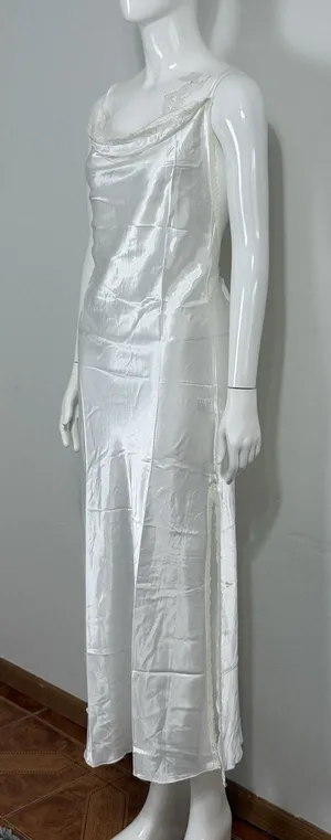 White Satin Lace Slip Dress Backless Strappy Maxi Nightgown Women’s Size S⁠ thumbnail 1