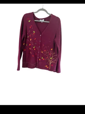 Christopher & Banks Maroon V-Neck Button Cardigan with Autumn Leaf Embroidery thumbnail 10