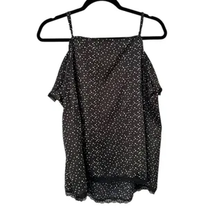 POL Black White Polka Dot Ruffle Lace Trim Spaghetti Strap Tank Top Womens Large thumbnail 2