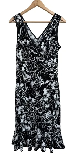 City Triangles Black White Floral Ruffle Hem‎ V-Neck Midi Dress Y2K Womens Large thumbnail 1