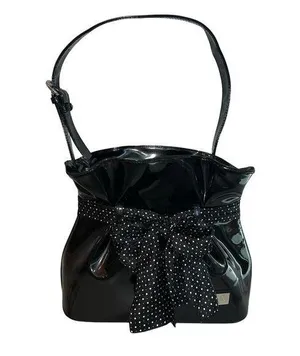 Beijo Black Vegan Patent Leather Paper Bag Handbag Polka Dot Scarf Twee Preppy thumbnail 1