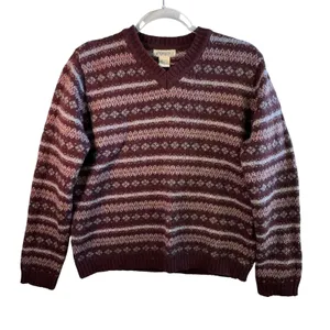 Aeropostale Vintage Wool Sweater Fair Isle V-Neck Burgundy Striped Mens Medium M thumbnail 1