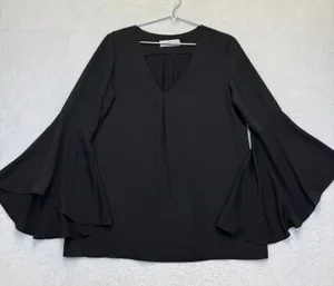 Amanda Uprichard Black Bell Sleeve V-Neck Blouse Top Large Made in USA thumbnail 1