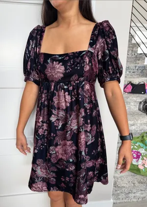Urban Outfitters Black Floral Square-Neck Puff Sleeve Dress size Medium thumbnail 1