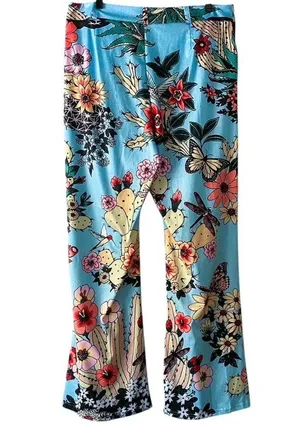 NWT ~ Blue Vintage Look Groovy 70's Polyester Floral Birds Flare Leg Pants ~ L thumbnail 6