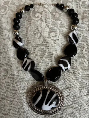 Chunky Black & White Zebra Print Statement Necklace – Large Oval Pendant 20-23” thumbnail 2