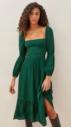 Reformation‎ Mica Emerald Green Long Sleeve Square Neck Midi Dress NWT 2 thumbnail 1