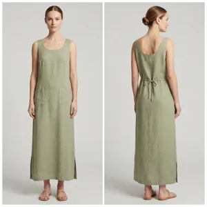 Cherokee Sage Green Linen Rayon Maxi Dress Tank Sleeveless Patch Pockets Large thumbnail 2