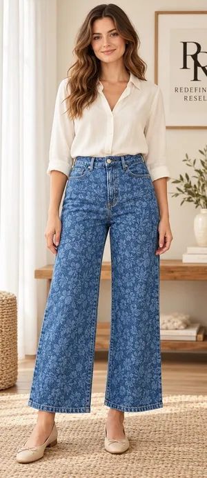 Good American Good Waist Palazzo Crop Floral Denim Wide Leg Jeans Blue 10/30 thumbnail 1