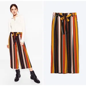 Zara Trafaluc Striped Wide Leg Culotte Pants Orange Black Yellow Size Medium thumbnail 2