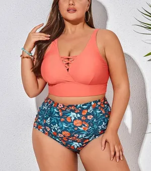 Hanna Nikole NWT Plus Size Front Strappy Two Piece Plus Size Bikini Swimsuit thumbnail 1