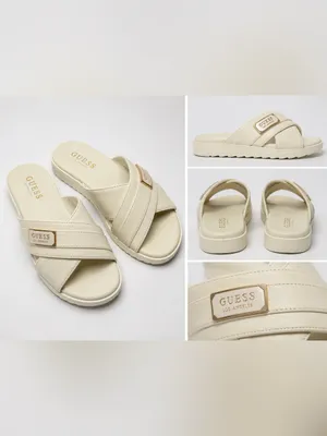 Guess Cream Crisscross Slide Sandals with Gold Accent thumbnail 2