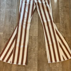 Wysteria Lane Brown & White Striped High-rise, flare jeans with a raw/frayed hem thumbnail 4