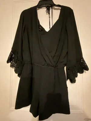 BCX Black Long-Sleeve Lace Shorts Romper thumbnail 1
