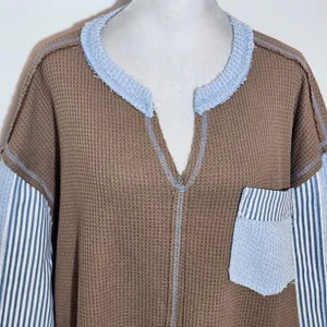 POL Brown and Blue Oversized Distressed Waffle Knit Top Size Small thumbnail 2