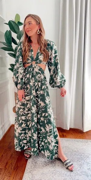 Abercrombie & Fitch Forest Green Floral Cutout maxi dress size large thumbnail 1