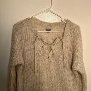 Aerie Womens Size Small Oversized Lace-Up Pullover Sweater Tunic Oatmeal Heather thumbnail 4