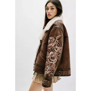 Free People Andies Vegan Moto Jacket Embroidered Floral Brown Bear Small NWT‎ thumbnail 11