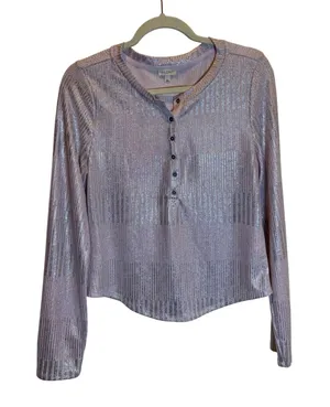 Pilcro Anthropologie Metallic Pink Silver Ribbed Henley Long Sleeve Size Large thumbnail 1