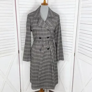 Jennifer Lopez Trench Coat Women Large Grey Plaid Double Breasted Lightweight‎ thumbnail 3