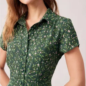Rihoas Green Lapel Button Up Floral Midi Dress thumbnail 3