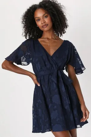 Lulus Flutter Forever Navy Burnout Jacquard Mini Dress Size XS V Neck Feminine thumbnail 1