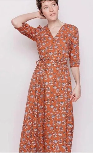 Mata Traders Wrap Dress Womens Large Orange Floral Cotton Boho Cottagecore thumbnail 1