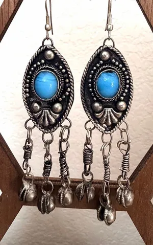 Vintage Tibetan Style Faux Turquoise Dangle Earrings Silver Tone Boho Festival E thumbnail 1