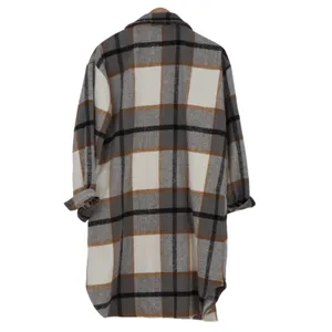 Plaid Longline Shacket Grey Cream Tan Oversized Button Front L thumbnail 4