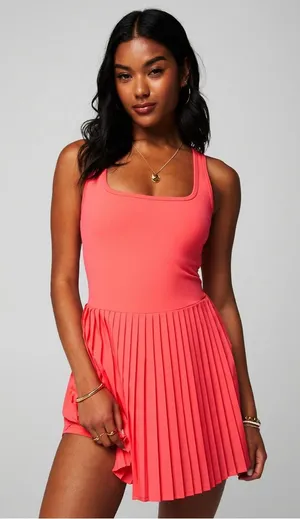 Fabletics Hot Shot Pleated Dress Classic Coral Pink Mini Dress W/ shorts size S thumbnail 1