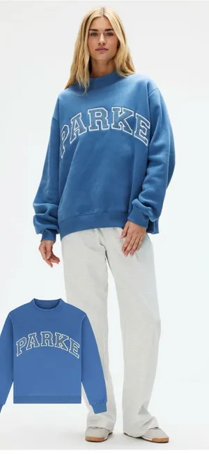NEW Parke Vintage Denim Varsity Mockneck Sweatshirt Size L/XL thumbnail 1