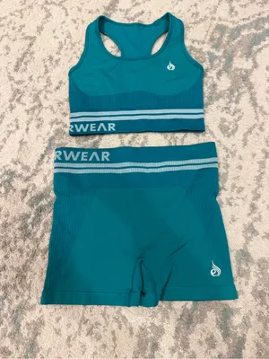 Ryderwear Active Teal Ribbed Sports Bra & Biker Short Set Small thumbnail 3