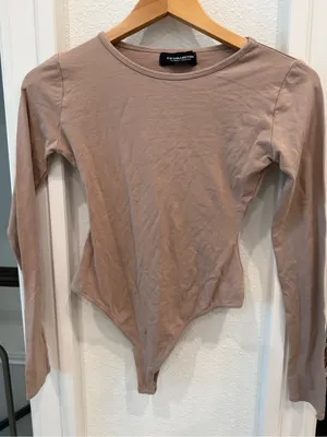 OW Collection Taupe Long Sleeve Thong Bodysuit Medium thumbnail 2