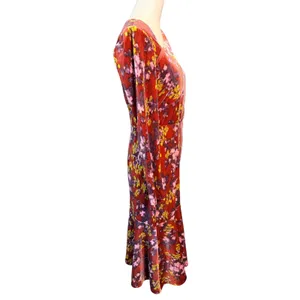 London Times Size 6 Rust Floral Velvet Asymmetric Neck Long Sleeve Flounce Dress thumbnail 3