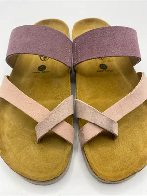 Plakton Cross Strap Leather Slide Sandals Memory Cushion Purple Pink US 9 Cork thumbnail 2