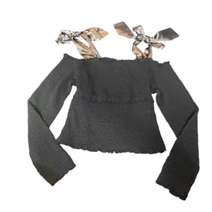 Anthropologie Black Smocked Off Shoulder Top with Satin Ribbon Ties Small thumbnail 3