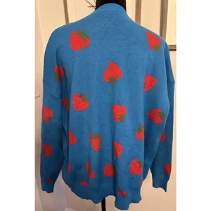 Strawberry Cardigan Women’s XL Open Front Royal Blue & Red Kitschy Fruity Whimsy thumbnail 2